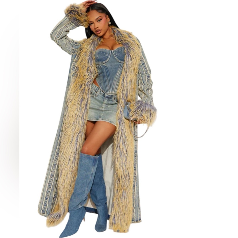 FASHION NOVA New Love Me Not Washed Denim Trench Penny Lane Afghan Coat Large - Picture 4 of 13